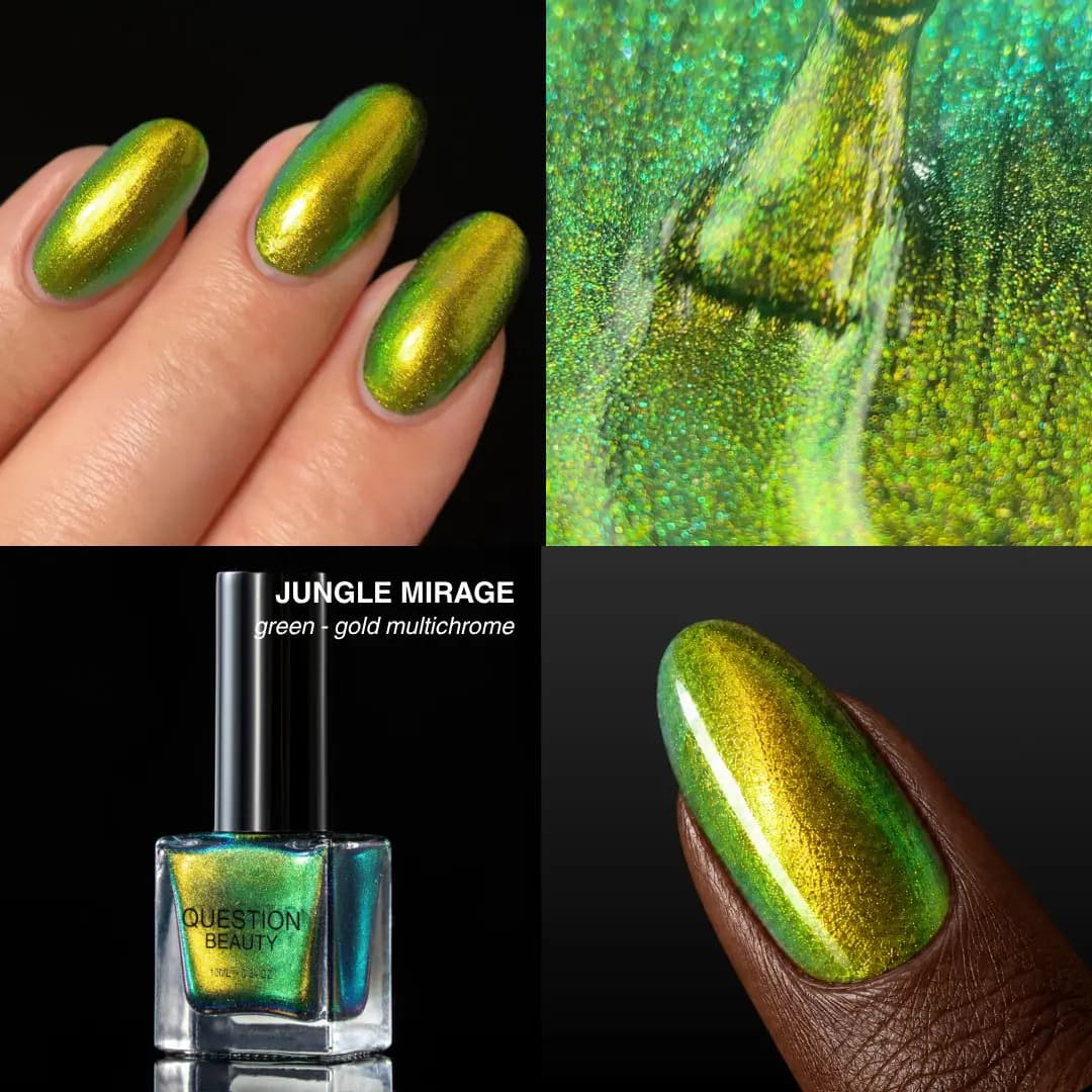 Jungle Mirage green-gold multichrome on light and deep skin nails, with a macro brush close-up and bottle