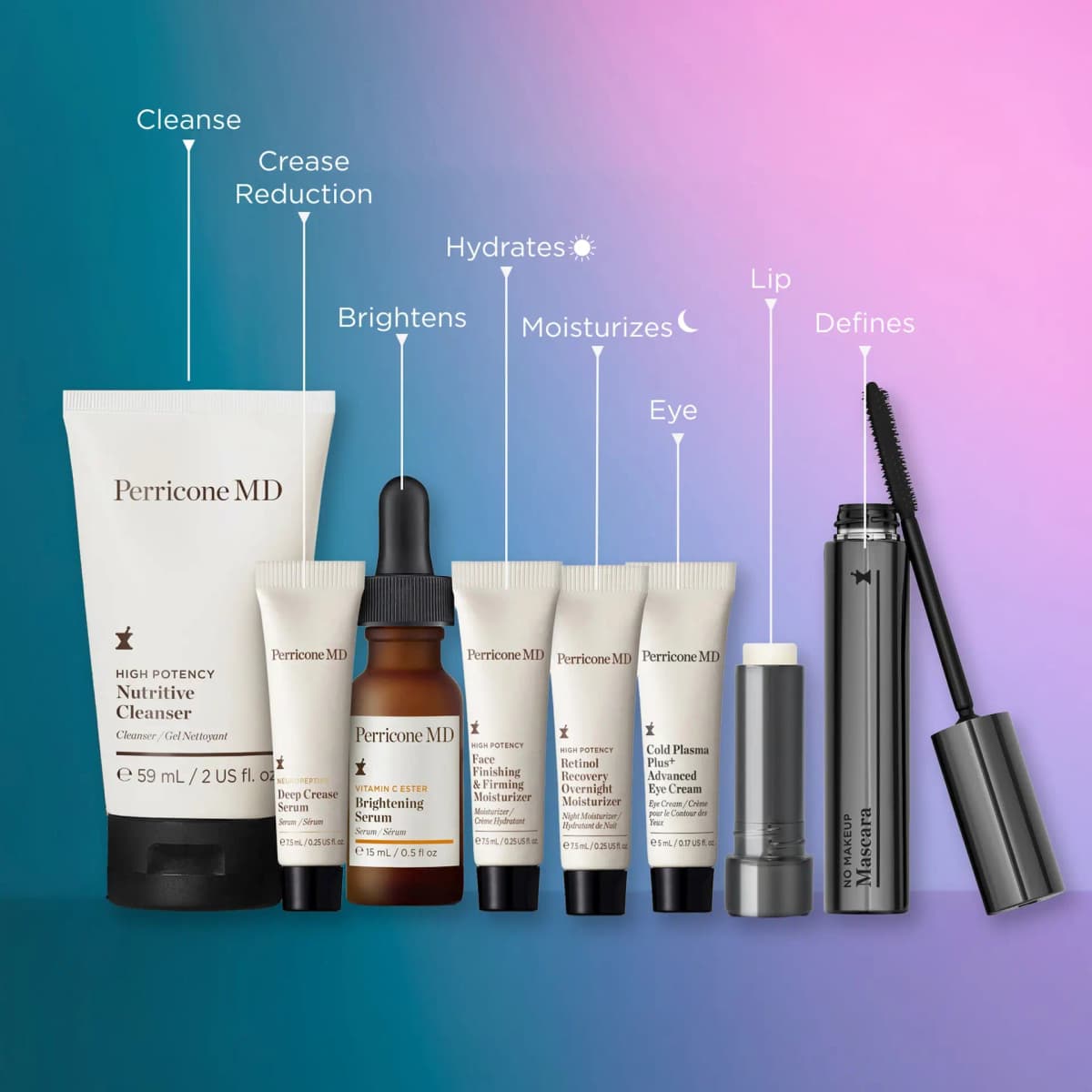 Eight Perricone MD products in a row labelled Cleanse, Crease Reduction, Brightens, Hydrates, Moisturizes, Eye, Lip, Defines