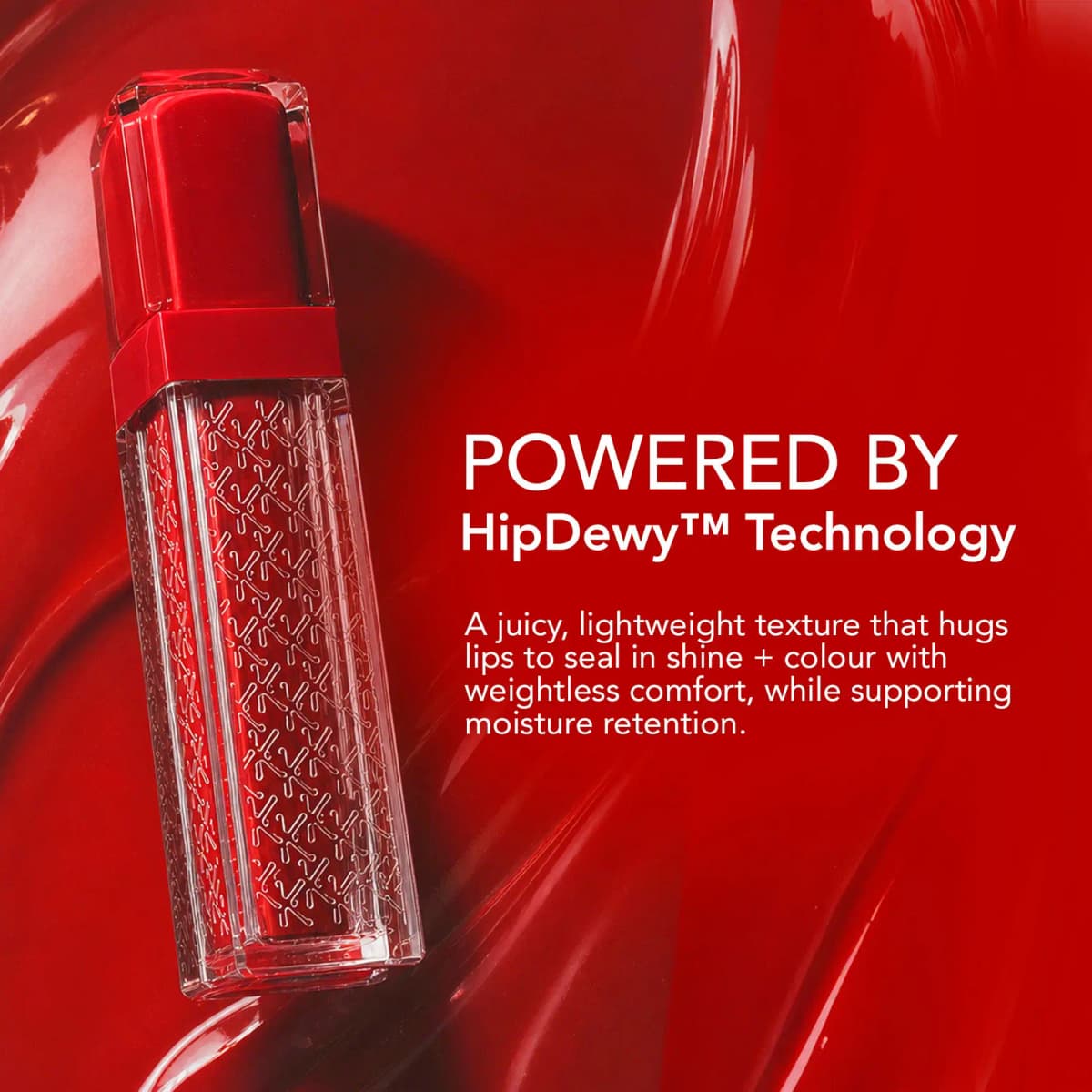 Red-capped gloss tube on glossy red swirls, with text about HipDewy Technology for shine, colour and moisture