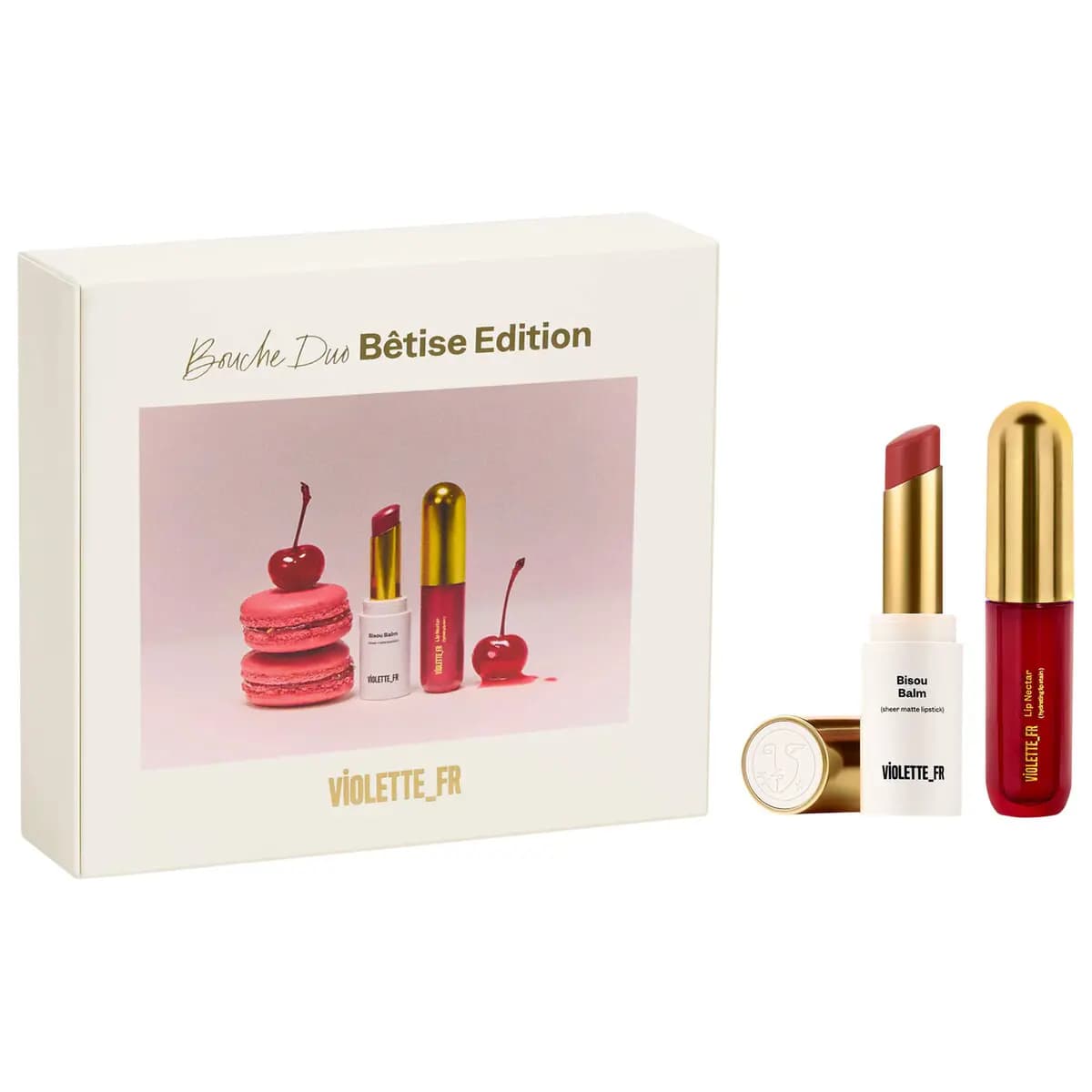 Violette_FR Bouche Duo Bêtise Edition box with a Bisou Balm lipstick and red Lip Nectar with gold cap.