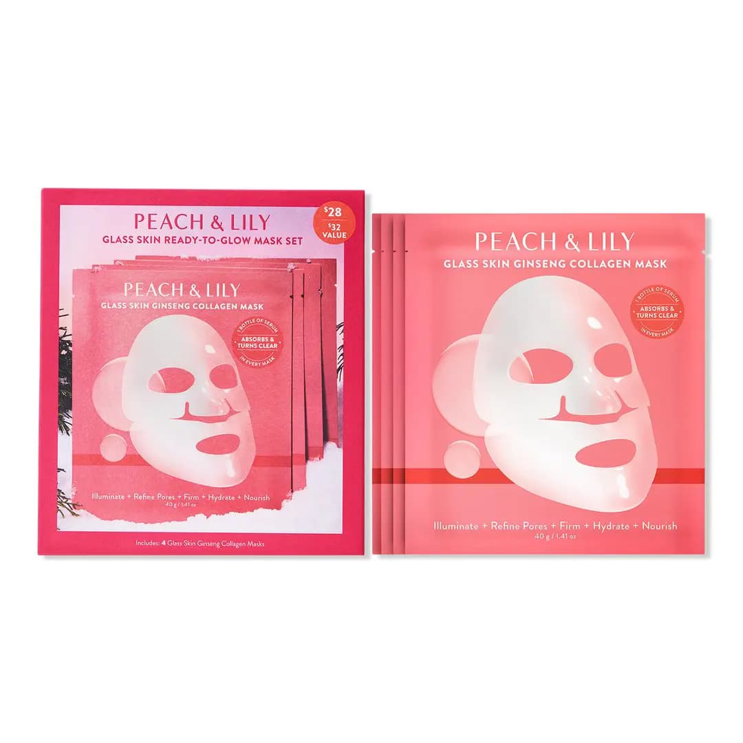 Pink Glass Skin Ready-to-Glow Mask Set box, $28, beside four Glass Skin Ginseng Collagen Mask sachets