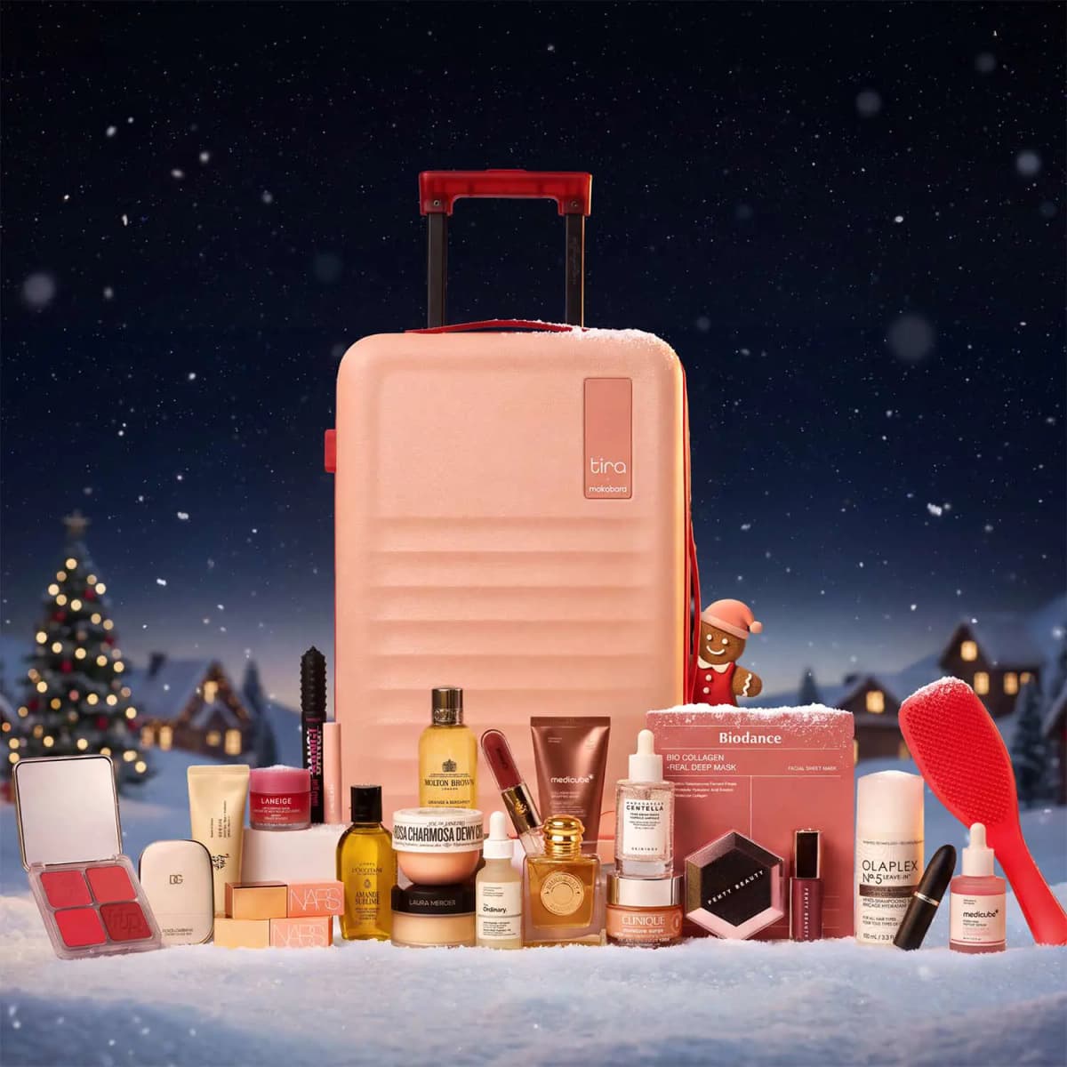 Peach Tira x Mokobara cabin suitcase in a snowy night scene, surrounded by makeup, skincare and a red detangling brush