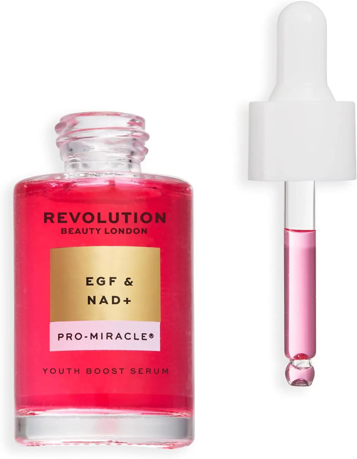 Open pink Youth Boost Serum bottle next to its white dropper filled with pink liquid