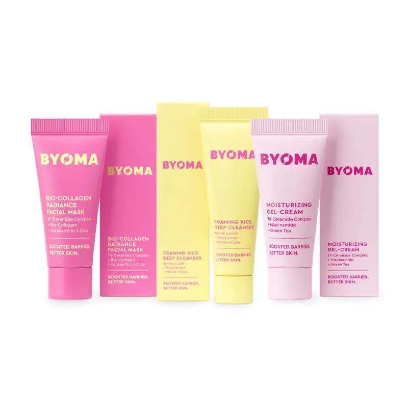 Three BYOMA tubes with boxes: pink bio-collagen mask, yellow rice cleanser and pale pink gel-cream