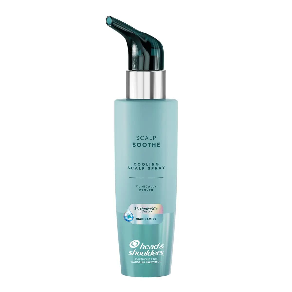 Scalp Soothe Cooling Scalp Spray in a teal bottle with silver collar and angled dark teal nozzle
