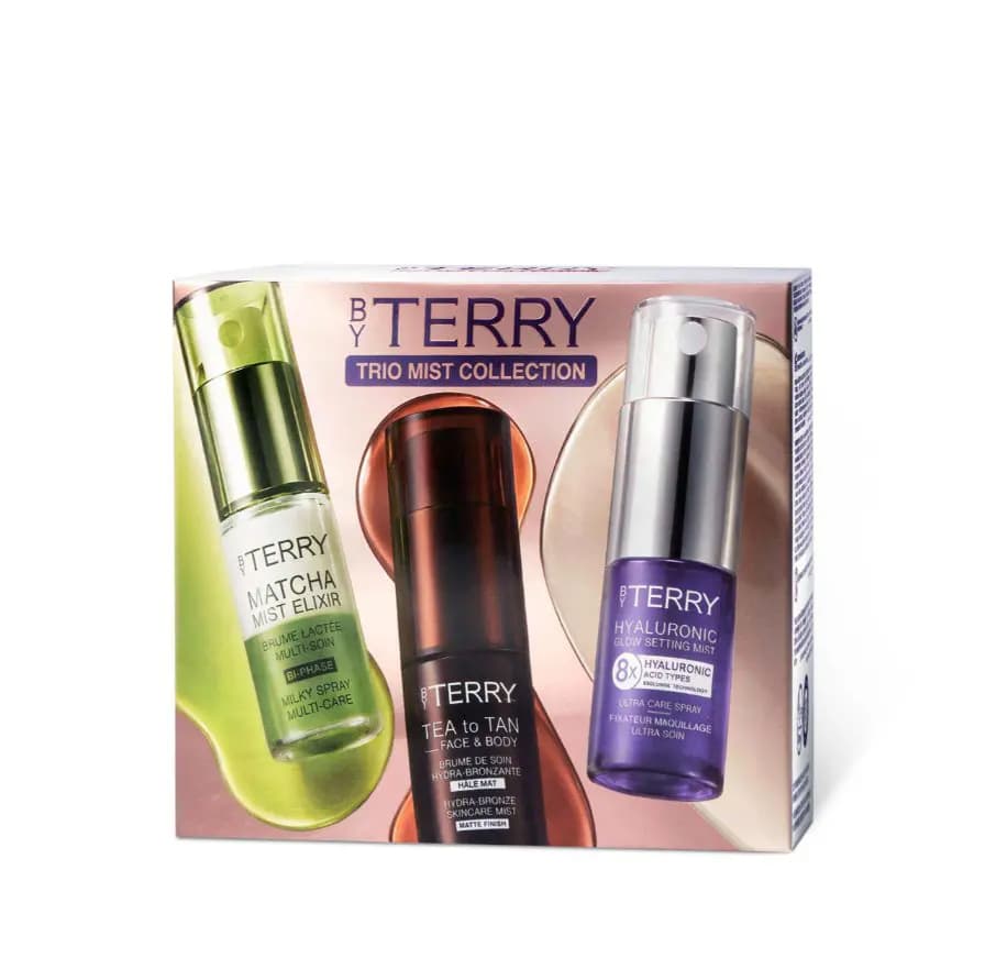 Pink metallic Trio Mist Collection box showing the green, brown and purple mists with gel-like swirls