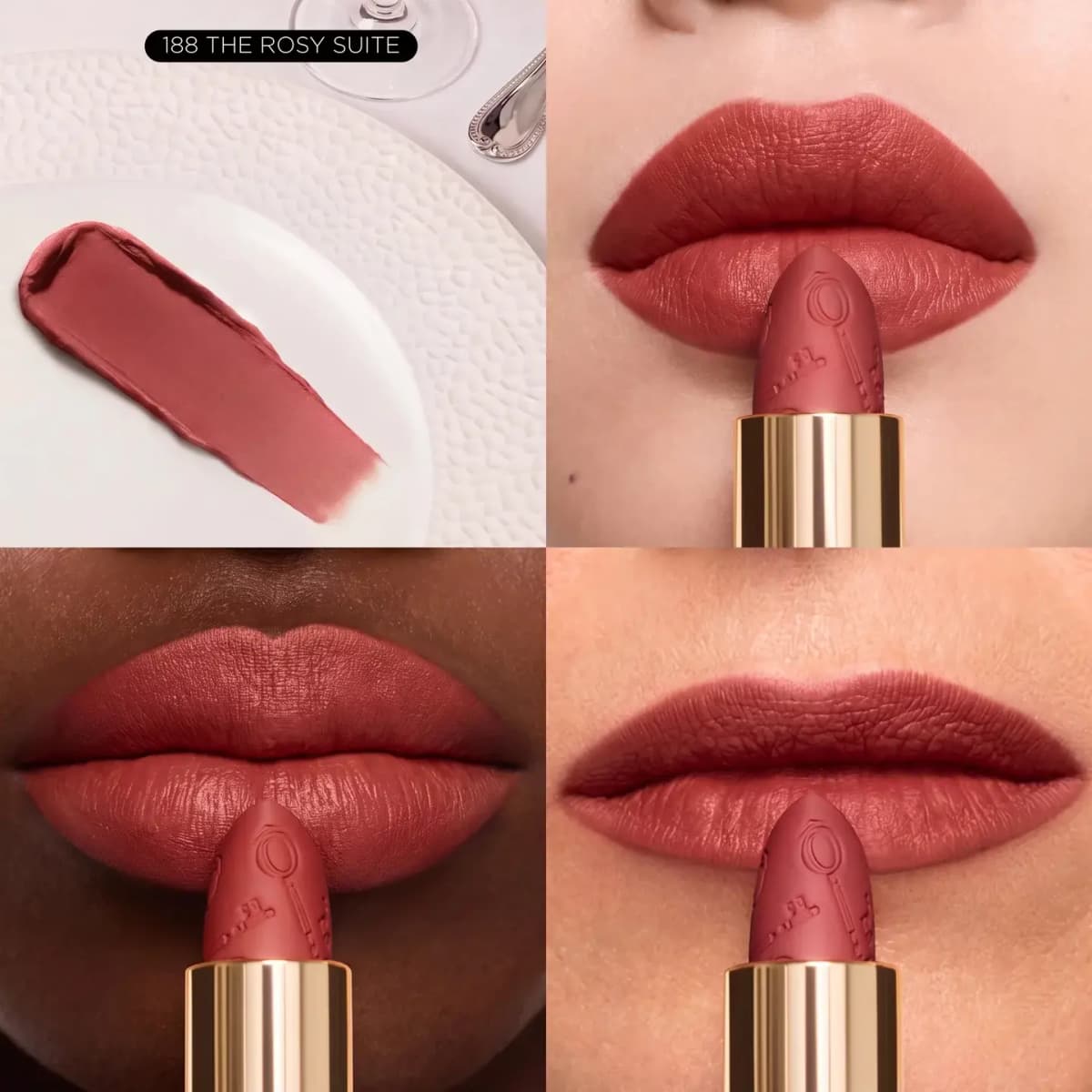 188 The Rosy Suite matte lipstick in muted rose, swatched on a plate and worn on three different skin tones