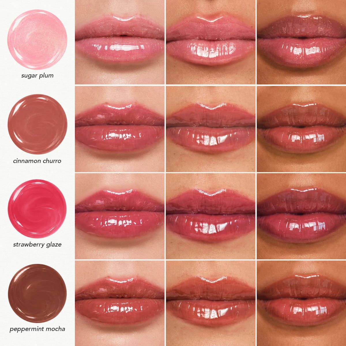 Swatch chart of four shades worn on lips across three skin tones, each beside its round colour swatch