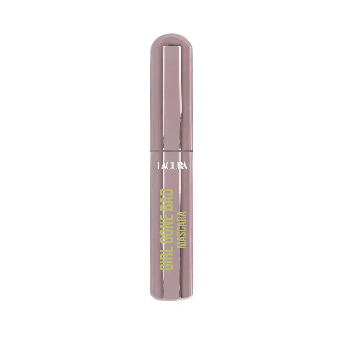 Shiny mauve tube of Lacura Girl Gone Bad Mascara with lime-green text