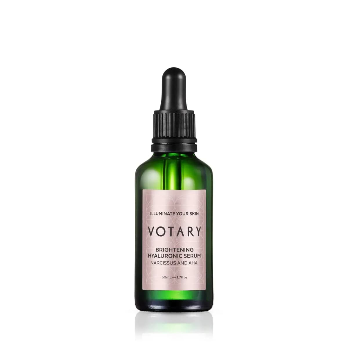Votary Brightening Hyaluronic Serum in a green glass dropper bottle with a pink label, 50 ml