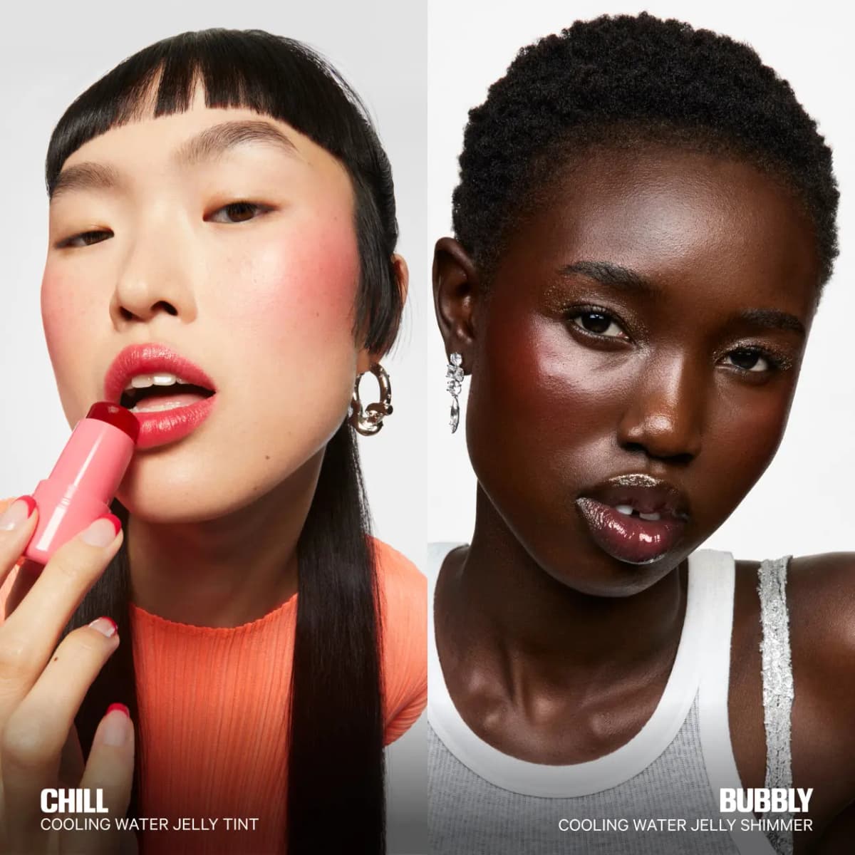 Models wearing Chill jelly tint on lips and cheeks, and Bubbly shimmer as a glossy lip topper