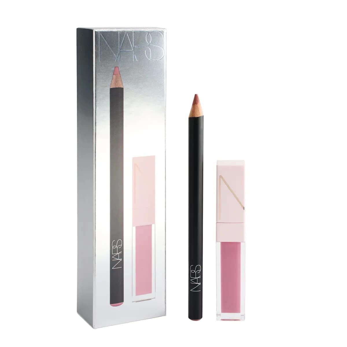 Silver holiday gift box beside a black lip liner pencil and a mini pink lip gloss with clear tube.