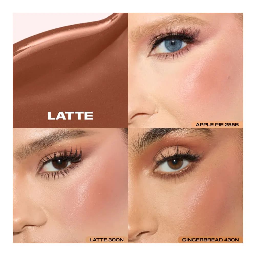 Glossy brown Latte liquid blush swatch beside three cheek close-ups on fair to tan skin tones