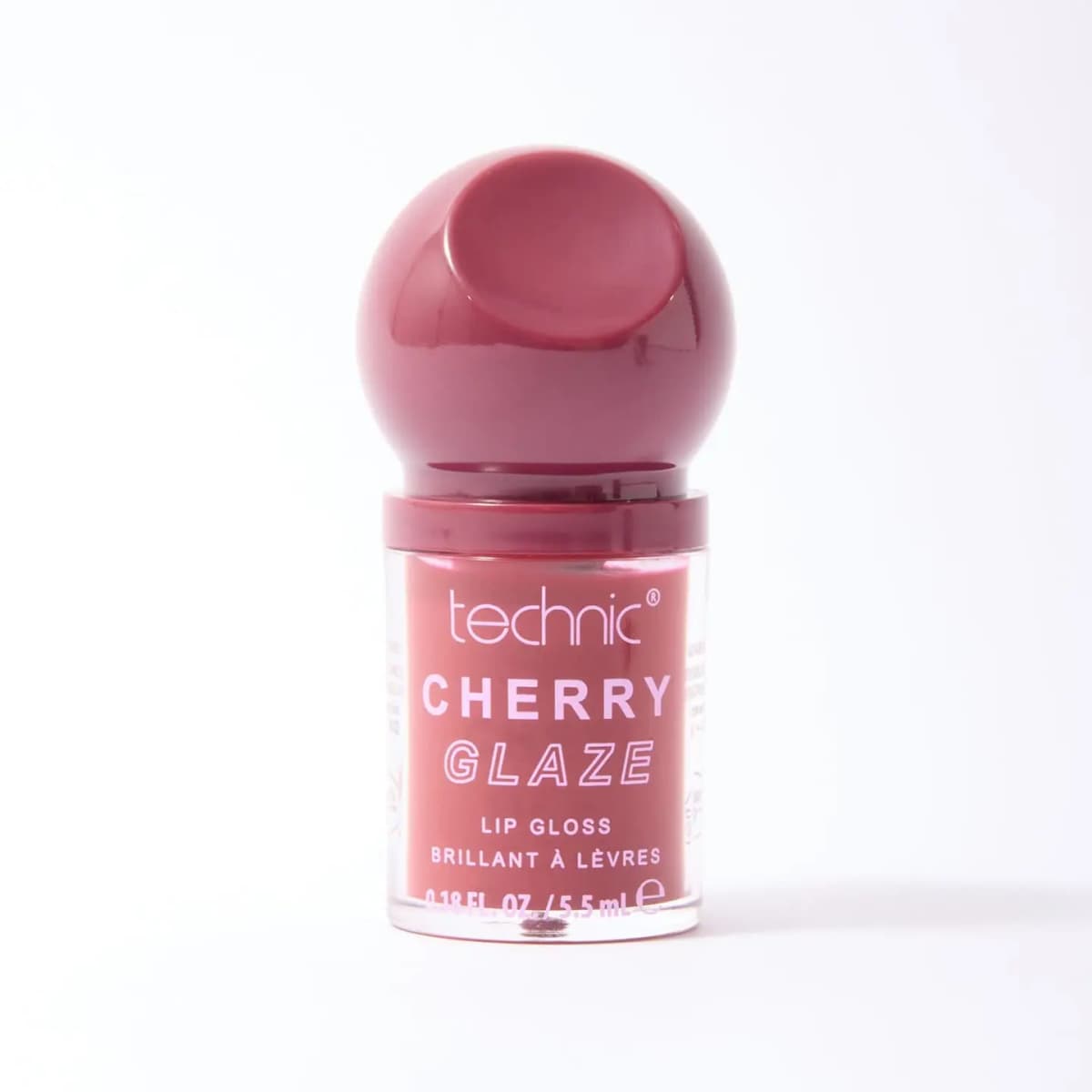 Cherry Glaze lip gloss in a clear pot with rosy red formula and a cherry-shaped burgundy cap on white