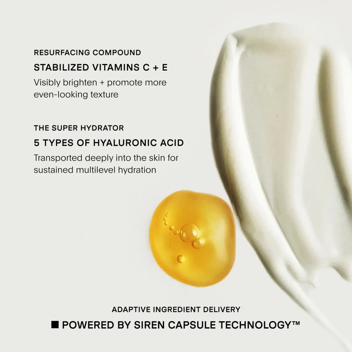 Golden serum droplet beside a white cream swatch with vitamin C + E and hyaluronic acid ingredient callouts