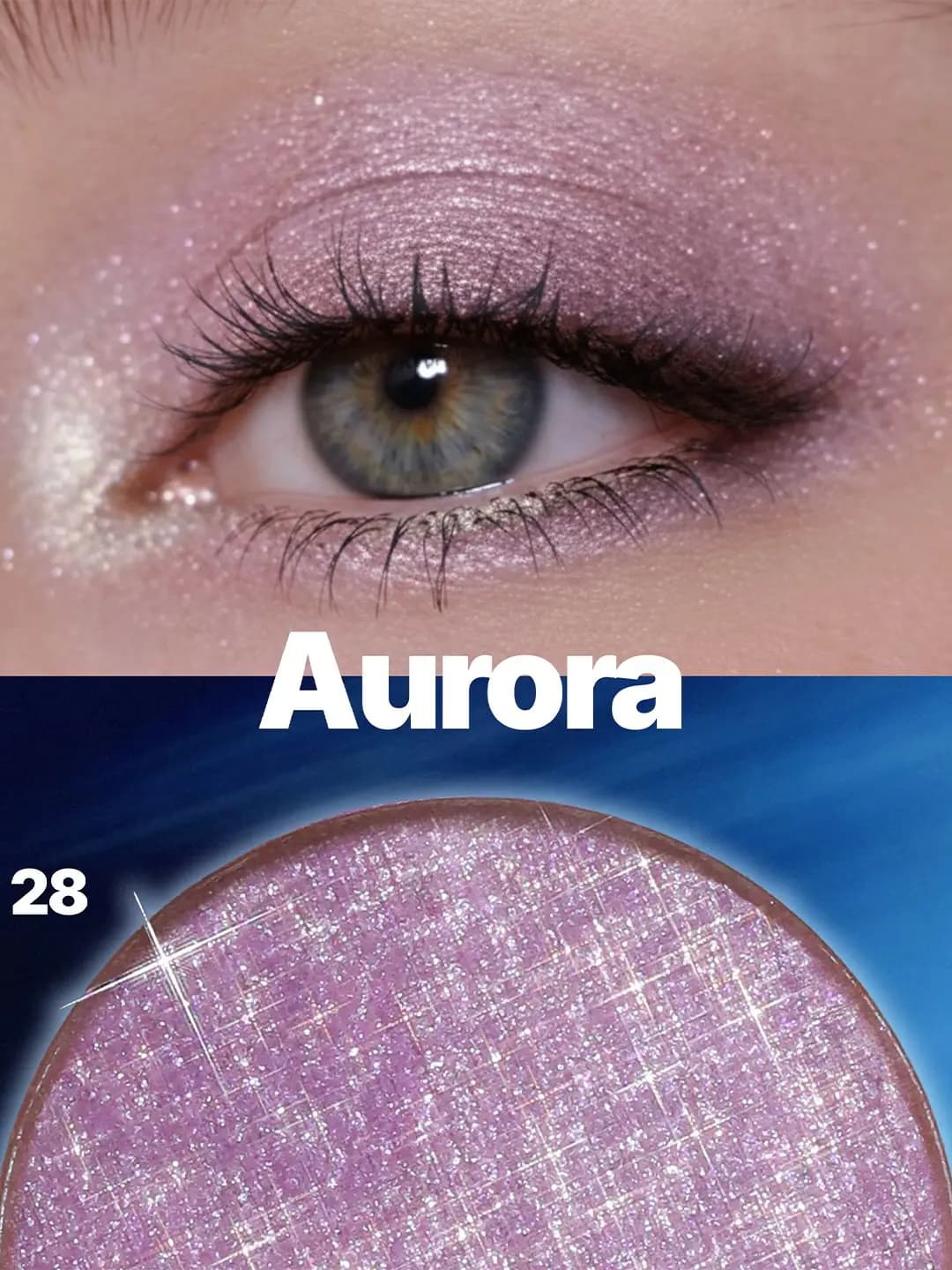 Eye wearing lilac 028 Aurora metallic shadow with pink sparkle above a close-up of the lavender pan