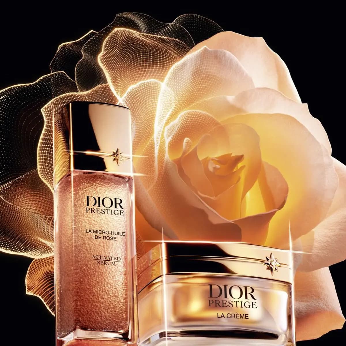 Dior Prestige La Micro-Huile de Rose serum and La Crème jar glowing against a golden rose backdrop