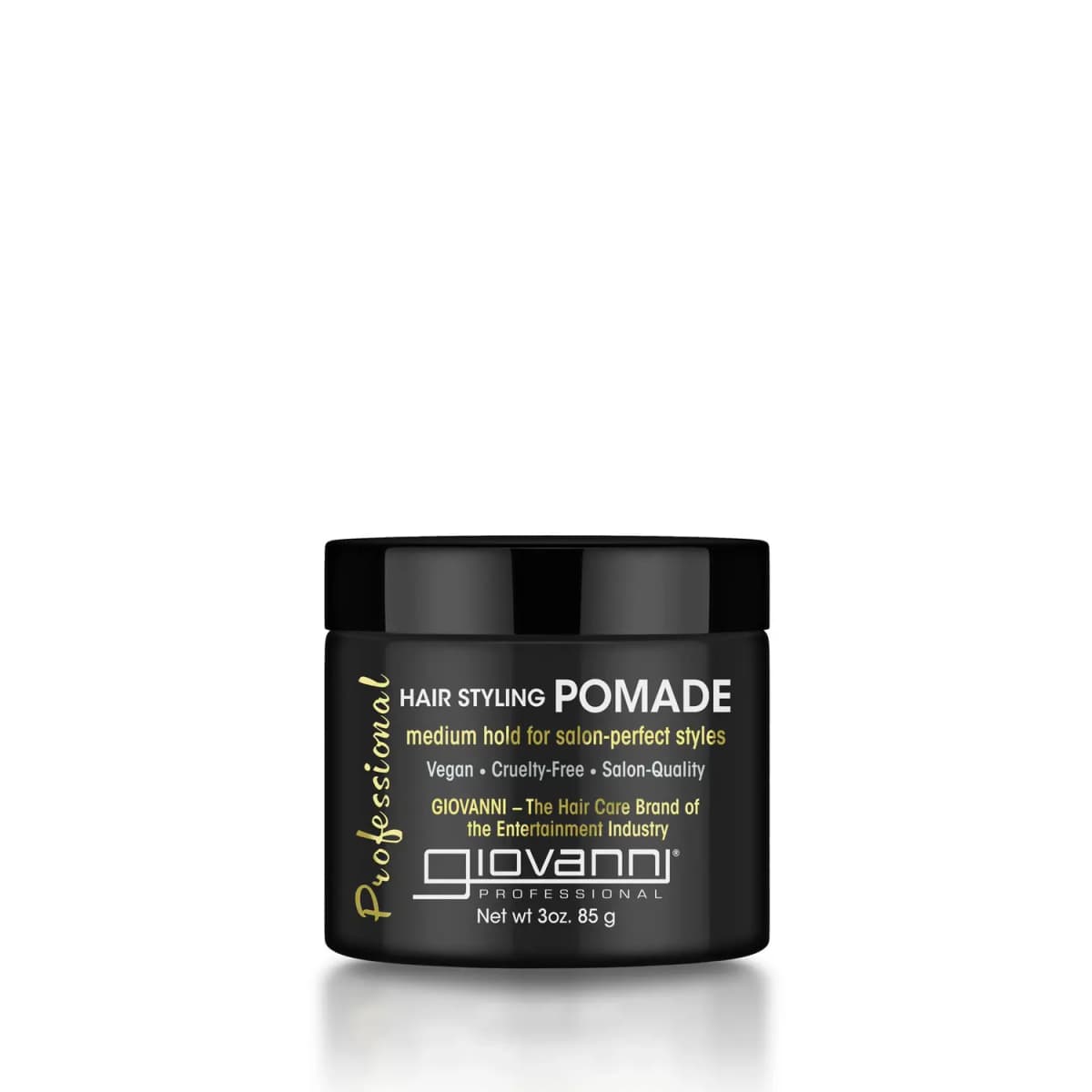 Giovanni Professional Hair Styling Pomade, medium hold, in a squat black 3 oz jar with gold text.