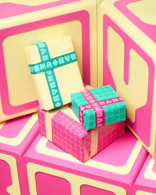 BYOMA Holiday 2026 Lab Kits gift-wrapped in BYOMA-print paper, stacked on pink and cream giant letter blocks