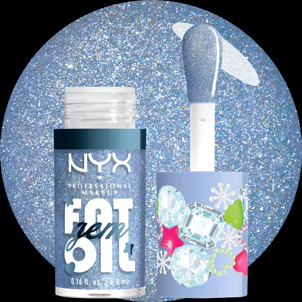 NYX Fat Oil Gem Lip Drip in Silver Bling icy blue shimmer with wand and sparkling blue swatch background.