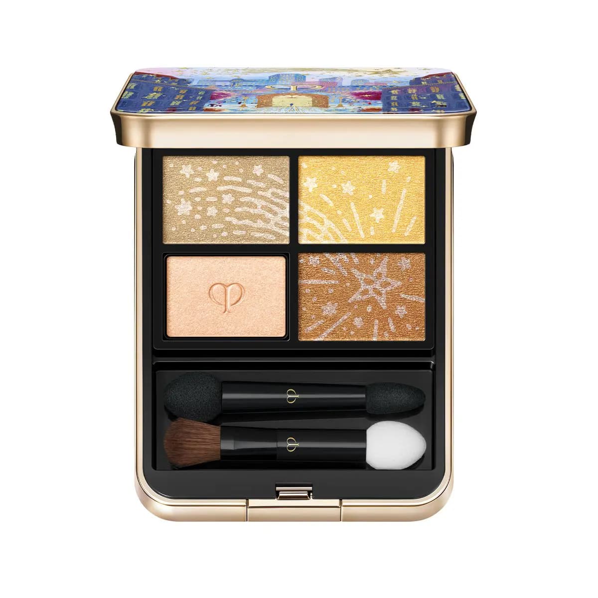 Eye Color Quad 506 Starry Eyes open with gold, yellow, peach and bronze shadows embossed with stars, plus two applicators
