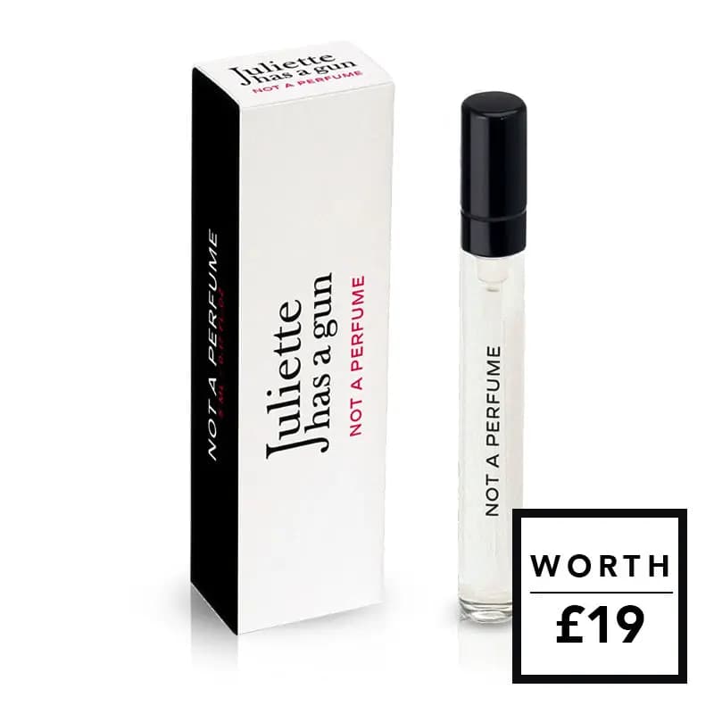 Juliette Has a Gun Not a Perfume slim spray vial beside its black and white box, worth £19