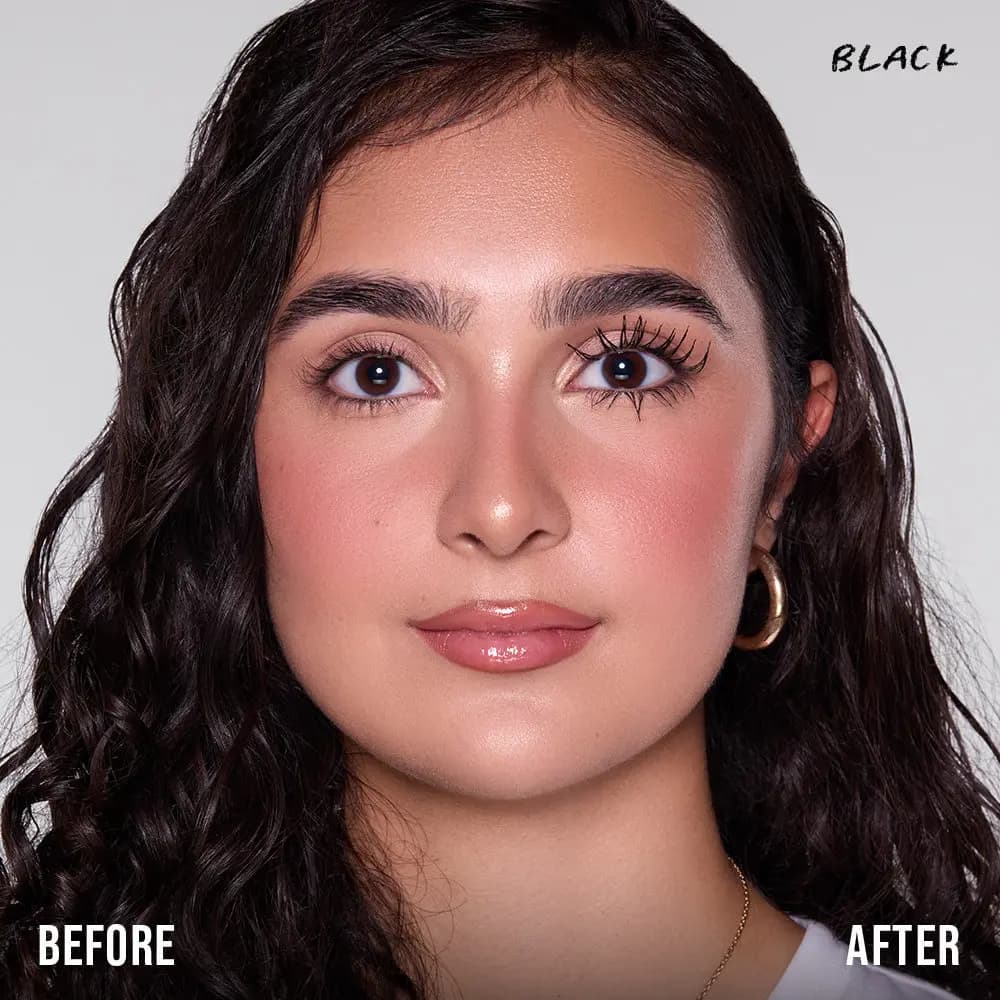 Before-and-after of a model with dark curly hair wearing Black mascara on one eye, showing defined lashes