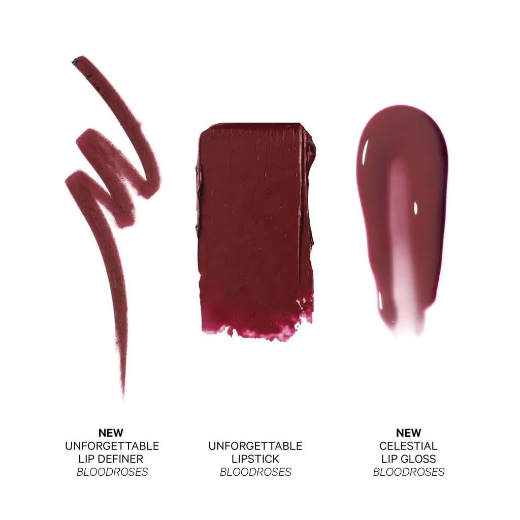 Bloodroses swatches on white: matte burgundy pencil squiggle, creamy lipstick block and shiny berry gloss smear