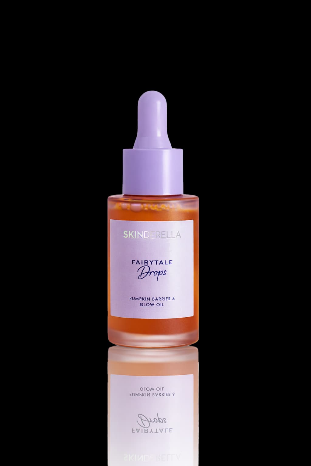 Skinderella Fairytale Drops pumpkin barrier and glow oil in an amber bottle with lilac dropper
