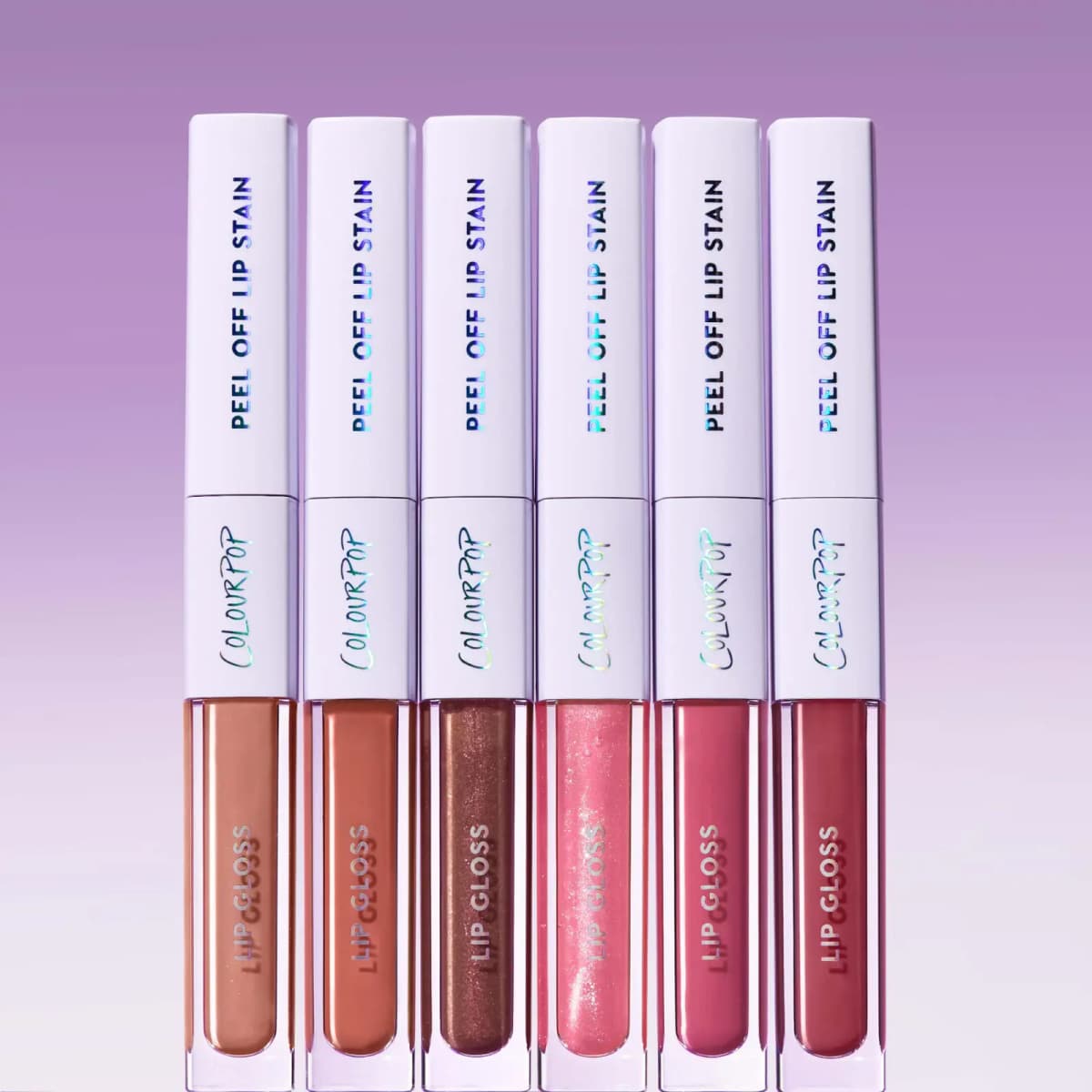 ColourPop Super Stain Peel-Off Lip Stain & Gloss Duo in six nude, brown and pink gloss shades on a lilac gradient