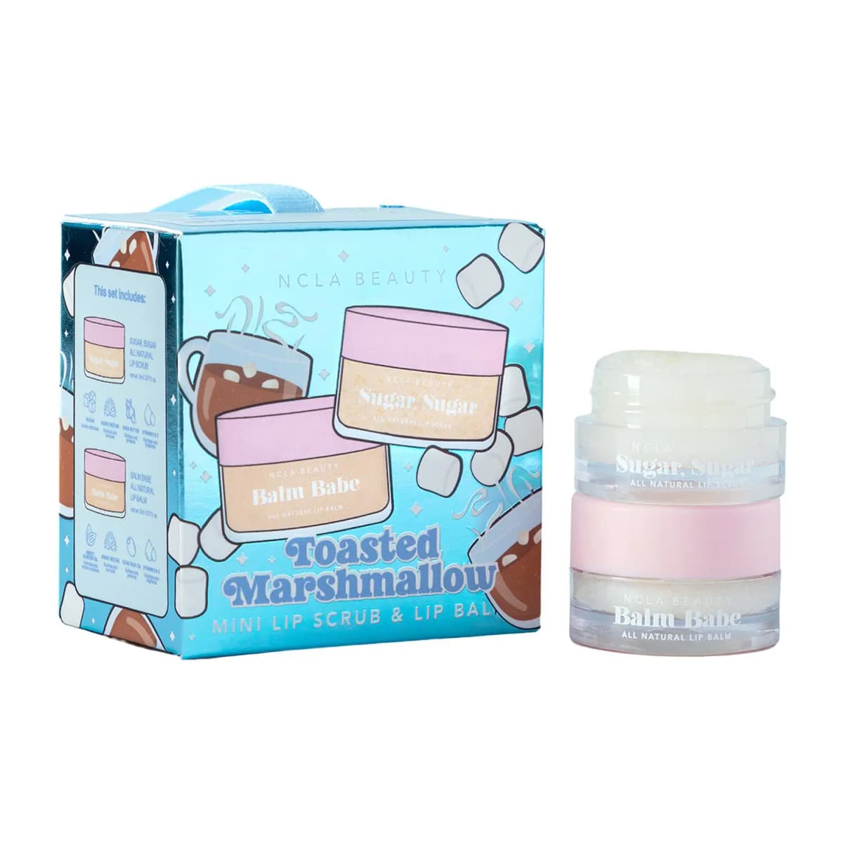 Blue foil Toasted Marshmallow box with hot cocoa art beside stacked clear scrub and pink-lidded balm jars