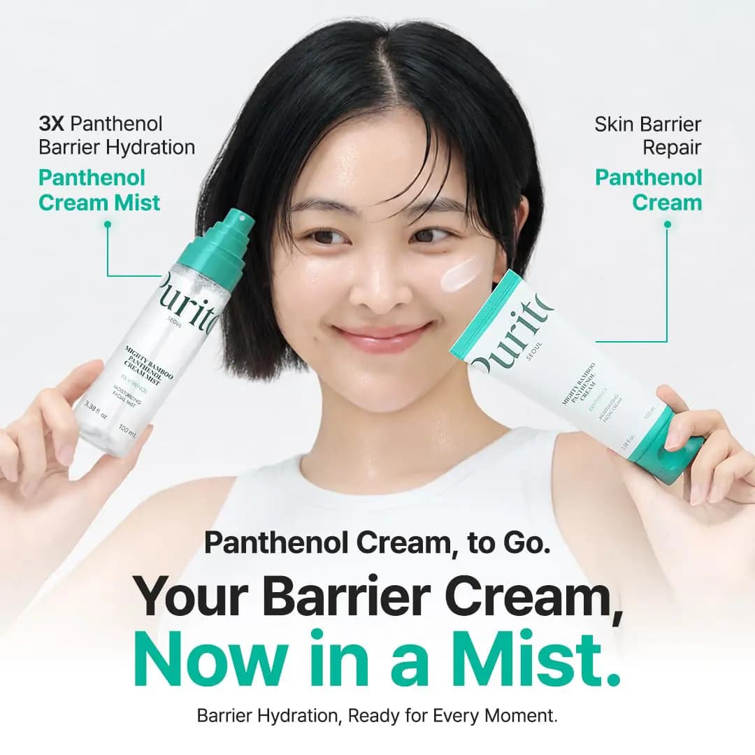 Model holds Panthenol Cream Mist and Panthenol Cream with a swipe of cream on her cheek: "Your Barrier Cream, Now in a Mist.