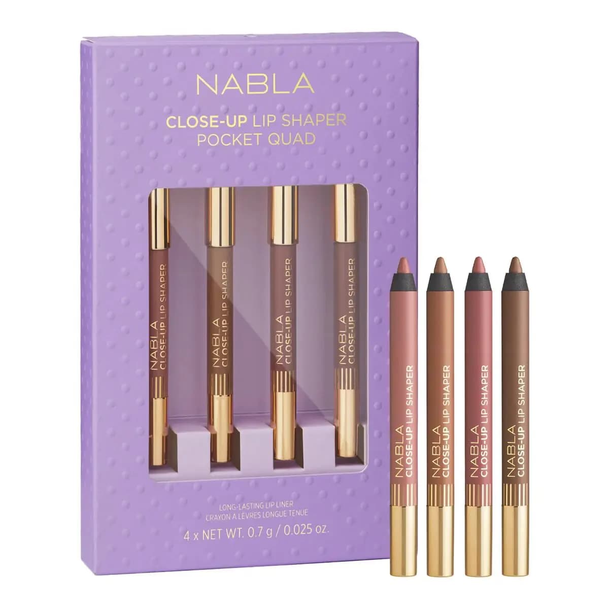 Purple Close-Up Lip Shaper Pocket Quad box beside four chunky nude, pink and brown lip pencils