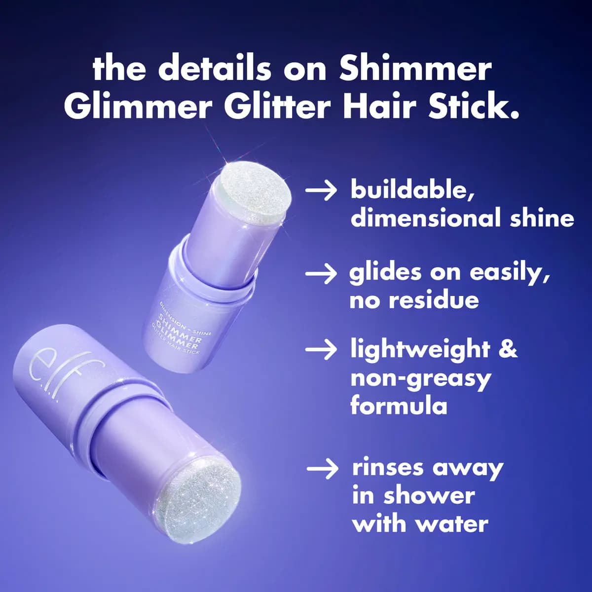 Infographic showing two lilac sticks with text listing buildable shine, easy glide, lightweight and rinses out.