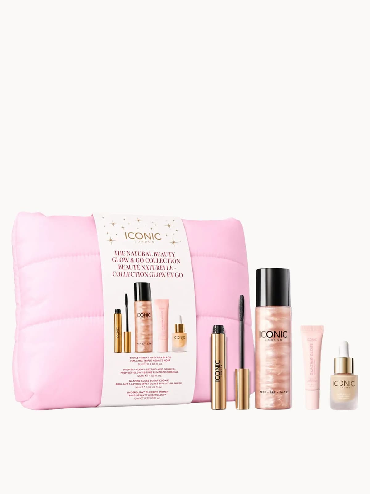 Pink quilted pouch with ICONIC London Natural Beauty Glow & Go Collection sleeve, displayed with mascara, setting mist