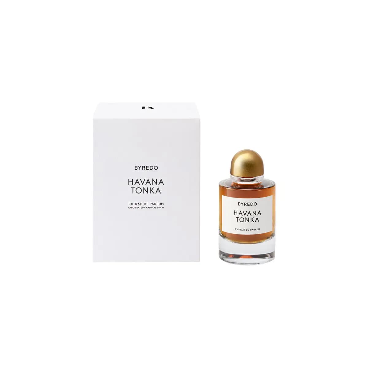 Havana Tonka Extrait de Parfum bottle beside its white Byredo box printed with the scent name