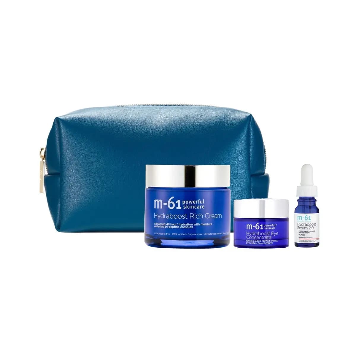 Teal zip pouch with M-61 Hydraboost Rich Cream, Hydraboost Eye Concentrate and Hydraboost Serum 2.0 in blue packaging