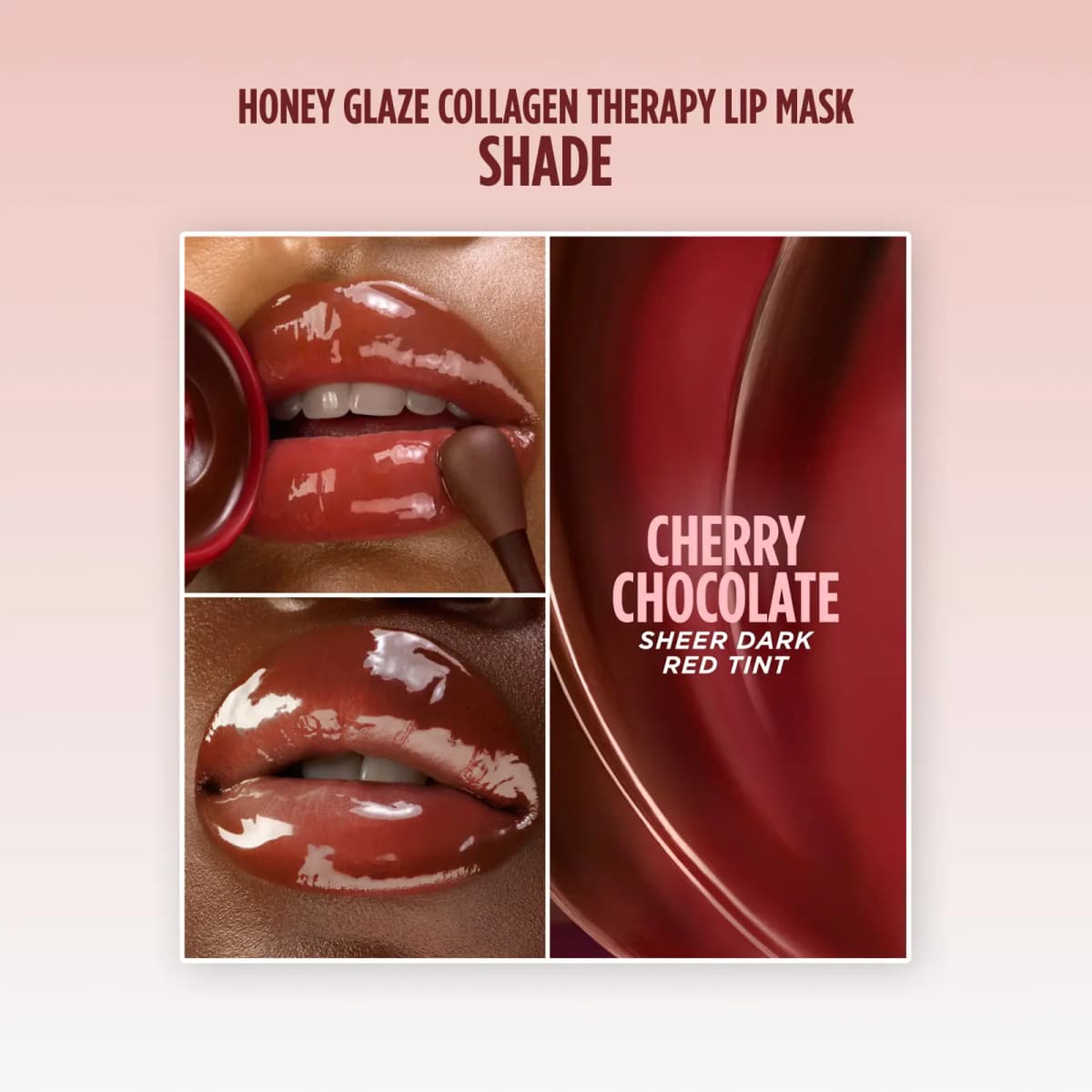 Lip mask applied with a spatula and on glossy lips beside a red swatch labelled cherry chocolate sheer dark red tint