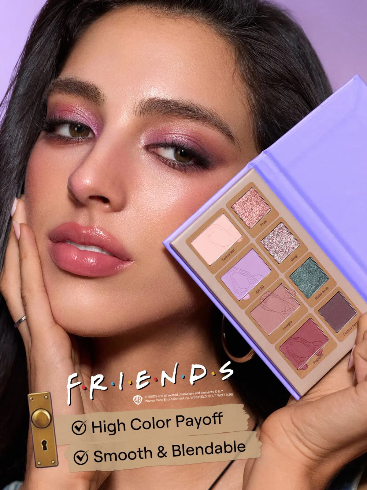 Model with shimmery pink eyeshadow and glossy pink lips holds the open Purple Door palette; text reads High Color Payoff