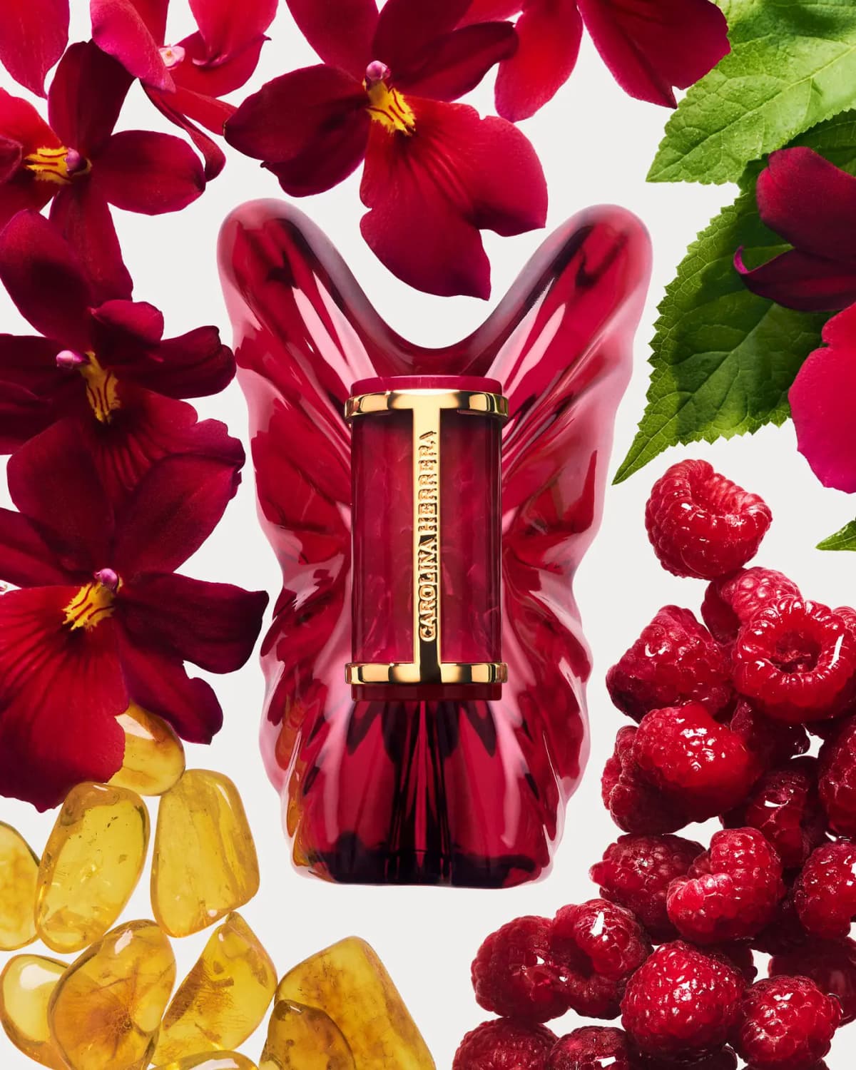Front view of the red butterfly bottle surrounded by red orchids, green leaves, raspberries and amber stones