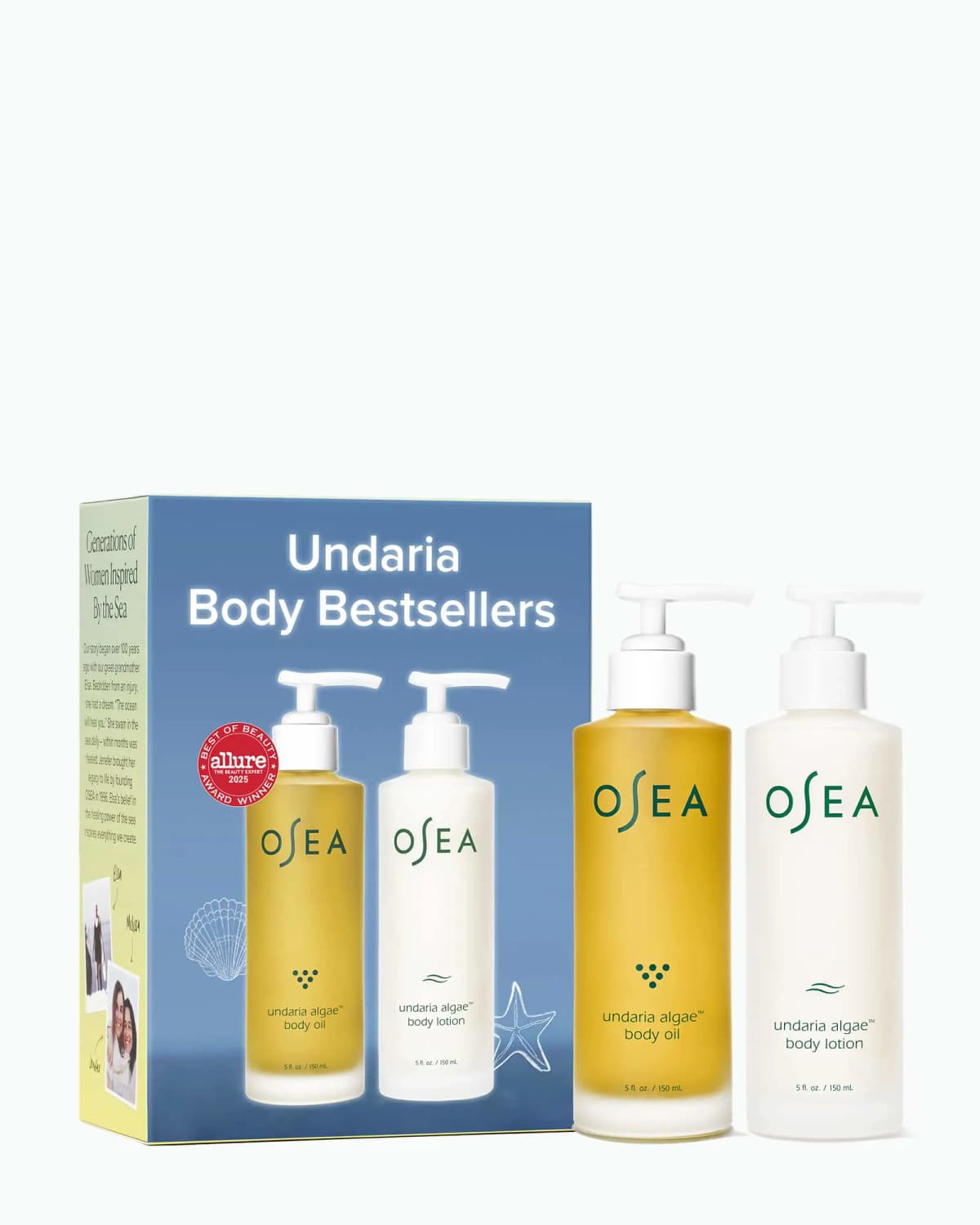 Undaria Body Bestsellers box beside amber undaria algae body oil and white body lotion pump bottles on white