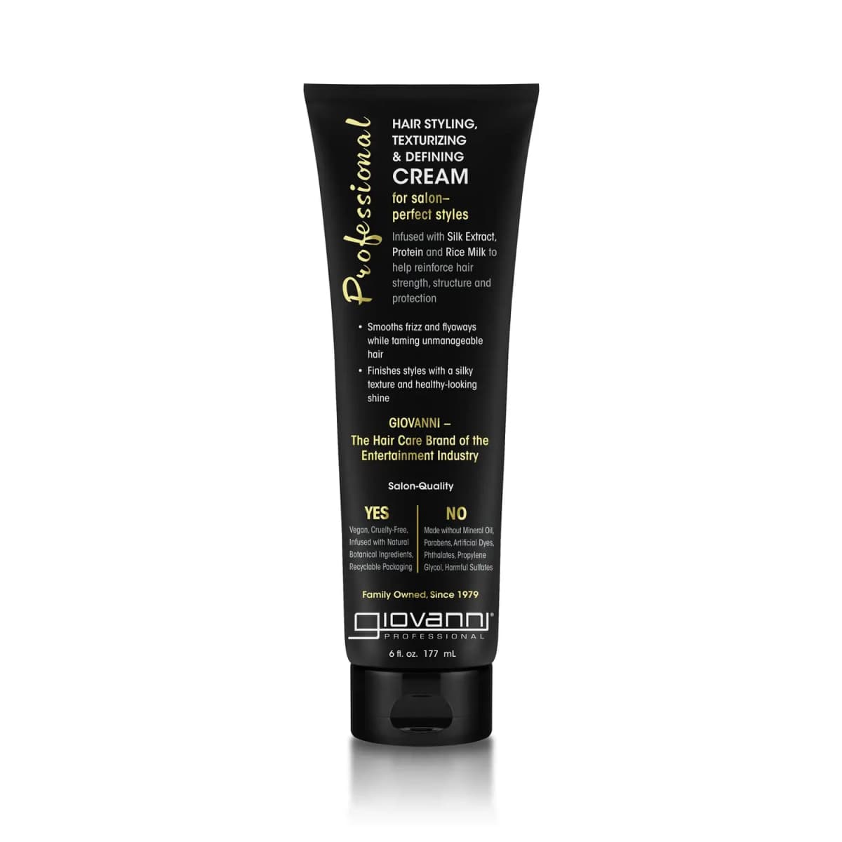 Giovanni Professional Hair Styling, Texturizing & Defining Cream in a tall black 6 fl oz tube.
