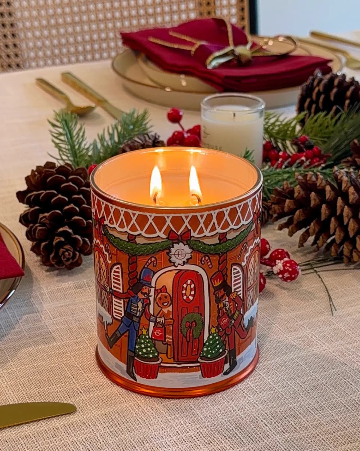Lit Gingerbread House candle with two flames on a festive table with pine cones, red berries and red napkins