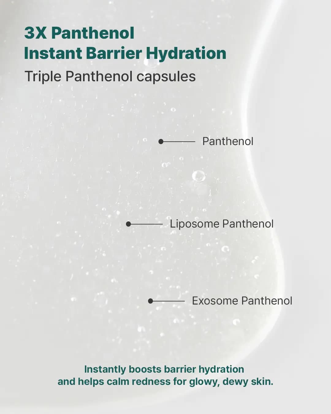 Macro of clear bubbly gel labelled Panthenol, Liposome Panthenol and Exosome Panthenol under a 3X Panthenol headline.