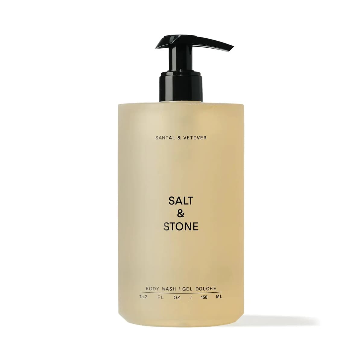 Frosted amber Santal & Vetiver body wash bottle with black pump, 15.2 fl oz / 450 ml