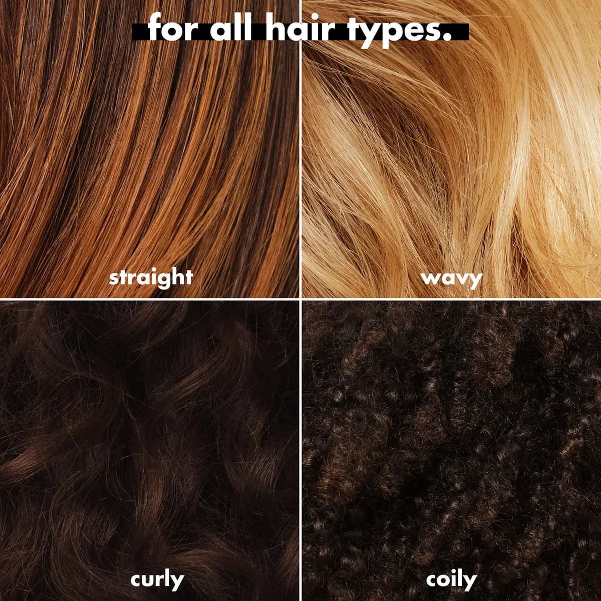 Four-panel grid of straight, wavy, curly and coily hair textures under the heading for all hair types
