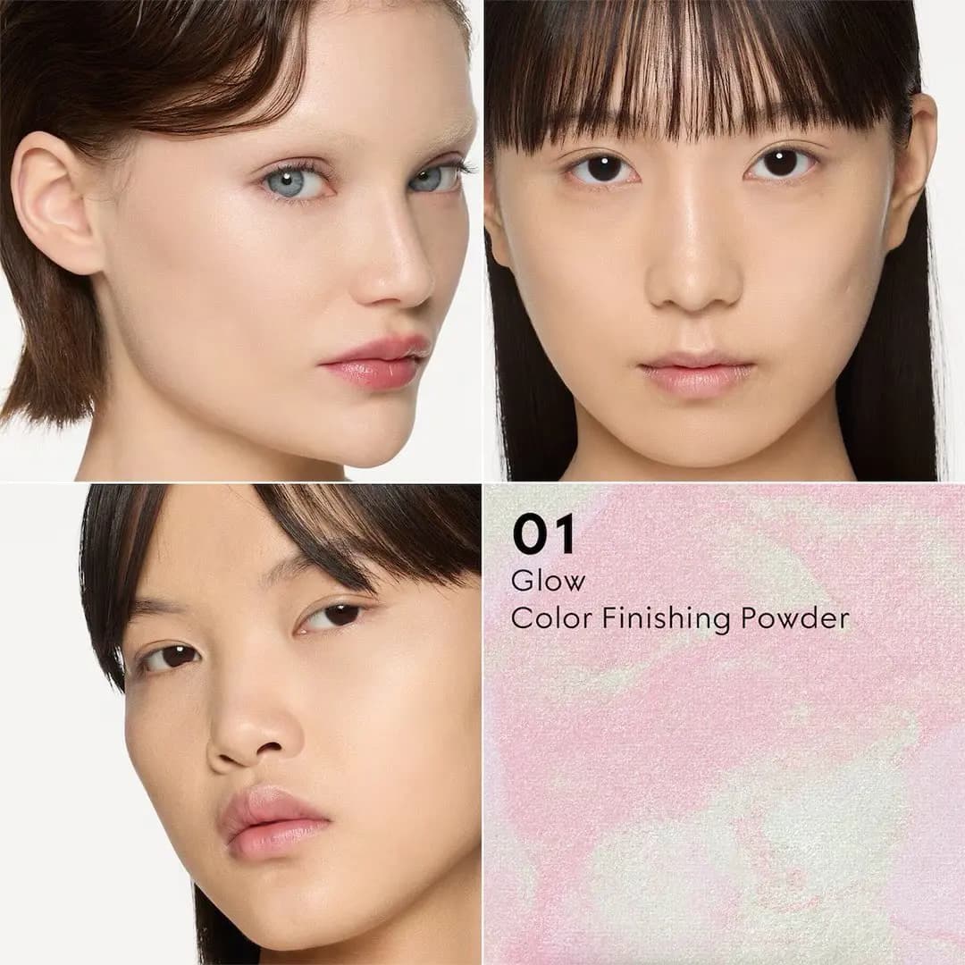 Shade 01 shown on three models with a soft pink glow, beside a close-up of pink and mint marbled powder