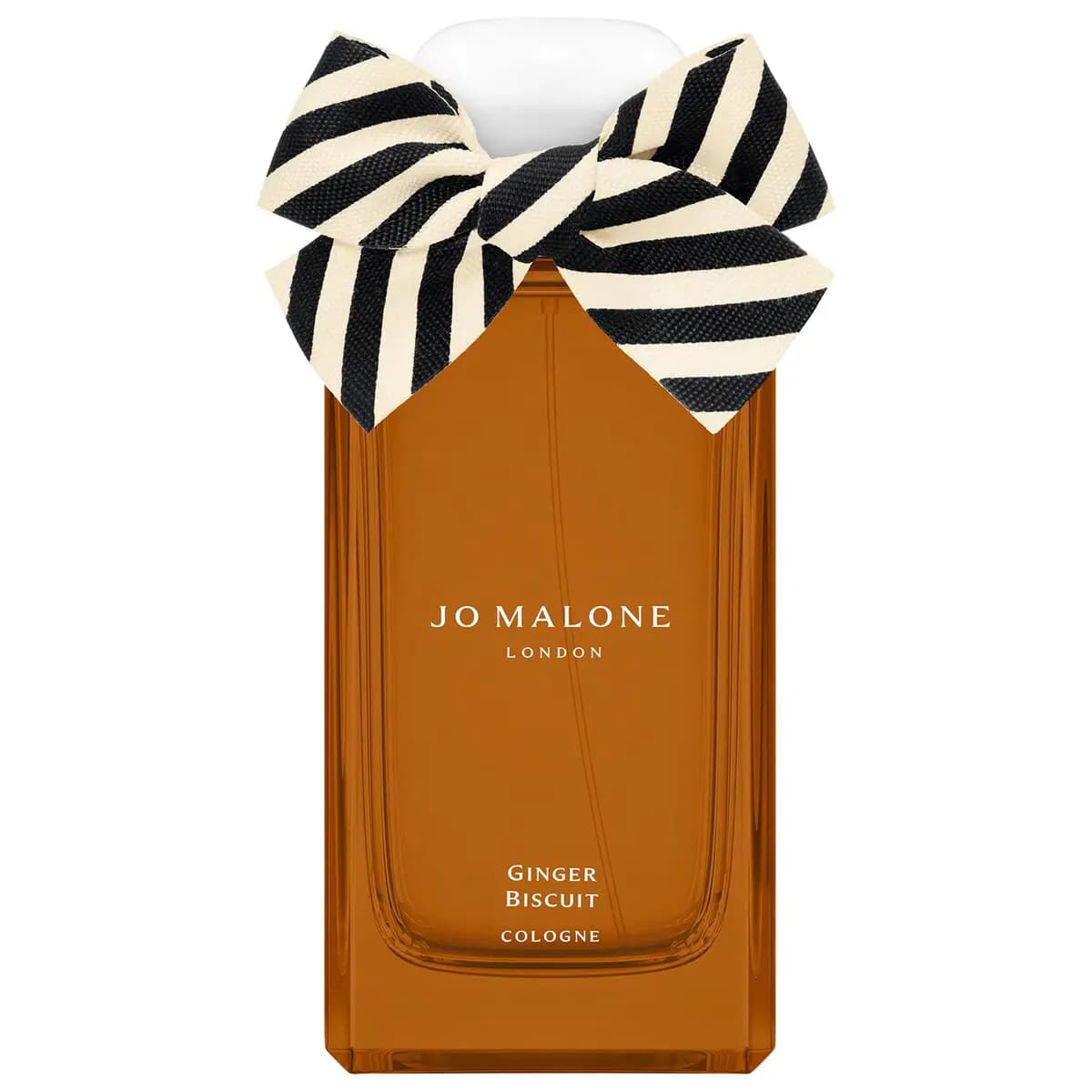 Amber rectangular Jo Malone London Ginger Biscuit Cologne bottle topped with a black-and-cream striped bow and white cap.