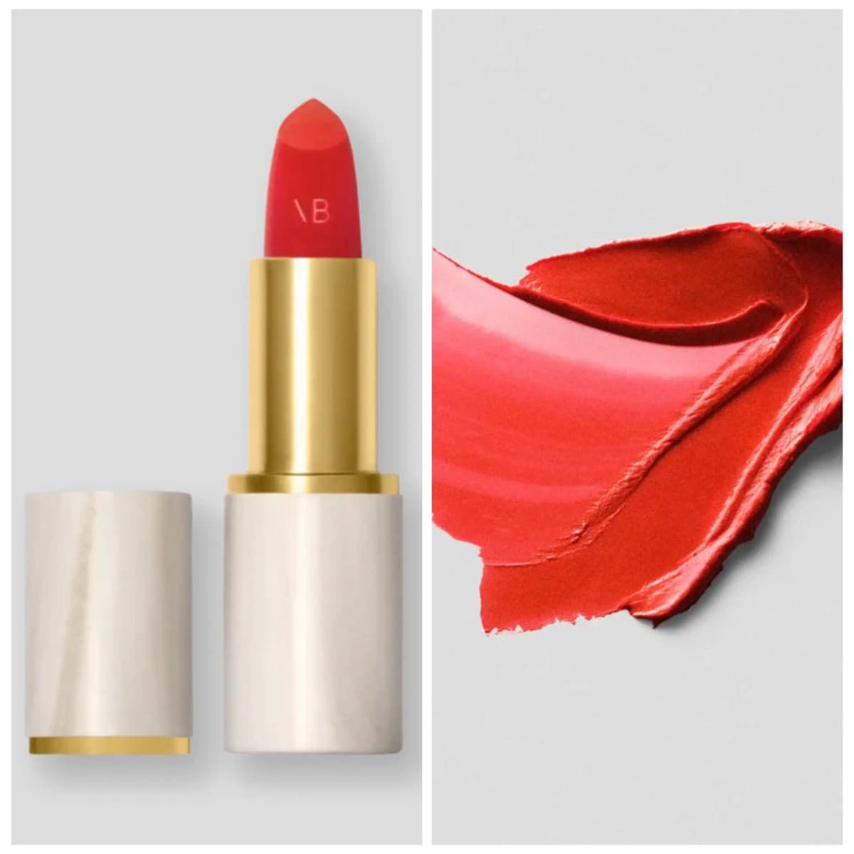 Bright coral-red VB-engraved lipstick in a white marbled and gold case beside a creamy swatch