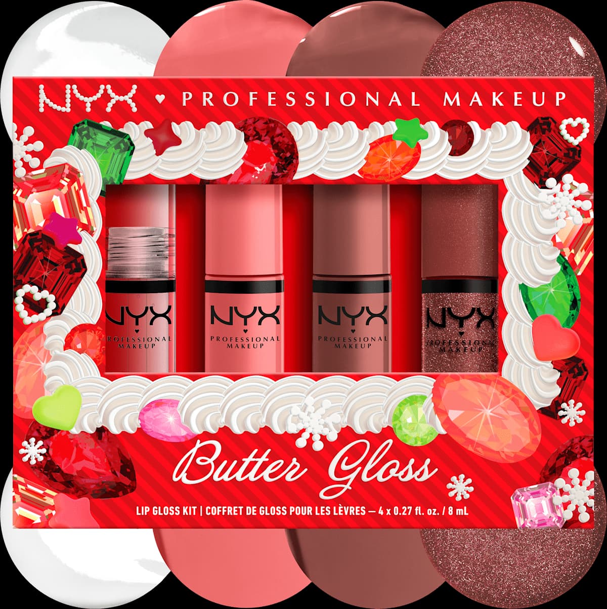 NYX Butter Gloss lip gloss kit of four tubes in nude, pink, mauve and shimmer brown with gem-decorated box.